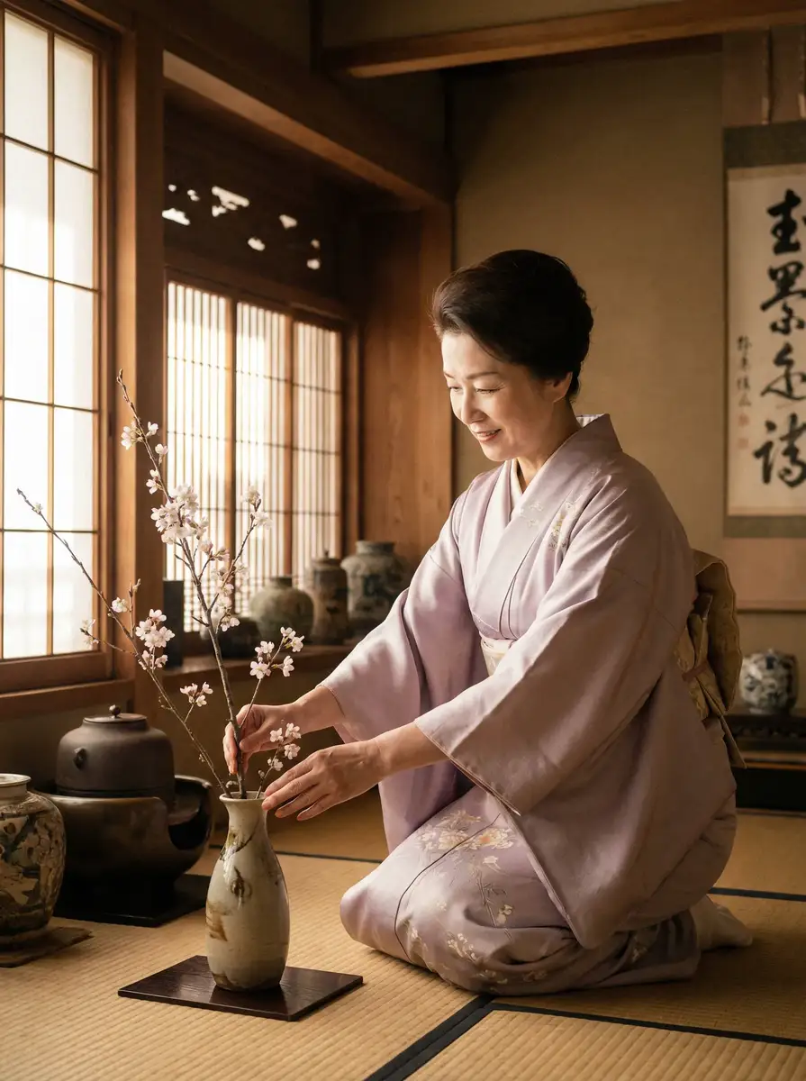 一位优雅的 贝博体育官网网站 在和室中插花